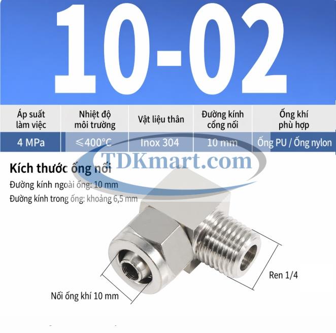 Co nối khí nén Inox 304 siết ống 10 mm ren ngoài 1/4