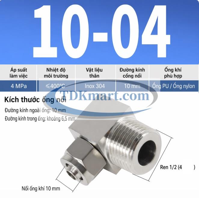 Co nối khí nén Inox 304 siết ống 10 mm ren ngoài 1/2