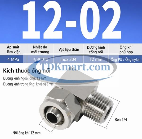 Co nối khí nén Inox 304 siết ống 12 mm ren ngoài 1/4