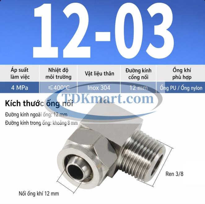 Co nối khí nén Inox 304 siết ống 12 mm ren ngoài 3/8