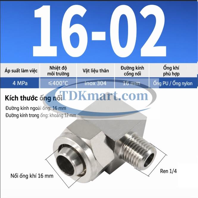 Co nối khí nén Inox 304 siết ống 16 mm ren ngoài 1/4
