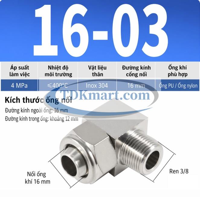 Co nối khí nén Inox 304 siết ống 16 mm ren ngoài 3/8