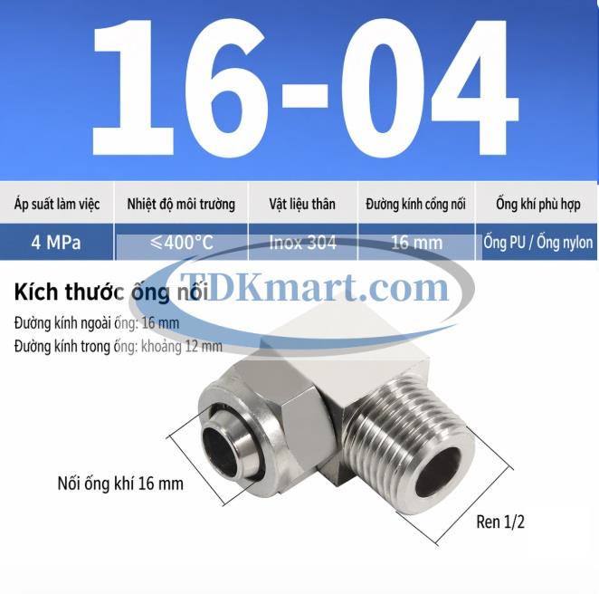 Co nối khí nén Inox 304 siết ống 16 mm ren ngoài 1/2