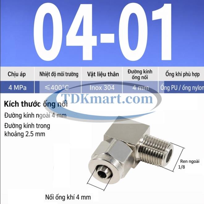 Co nối khí nén Inox 304 siết ống 4 mm ren ngoài 1/8