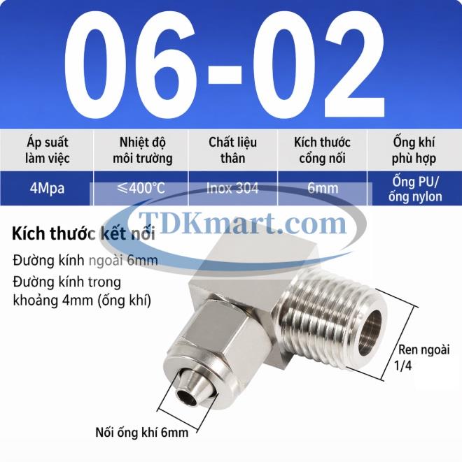 Co nối khí nén Inox 304 siết ống 6 mm ren ngoài 1/4
