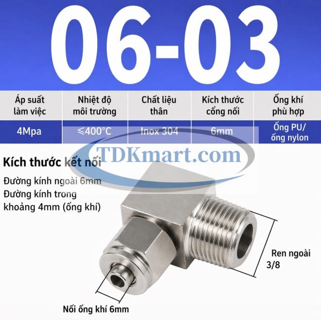 Co nối khí nén Inox 304 siết ống 6 mm ren ngoài 3/8