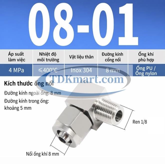 Co nối khí nén Inox 304 siết ống 8 mm ren ngoài 1/8
