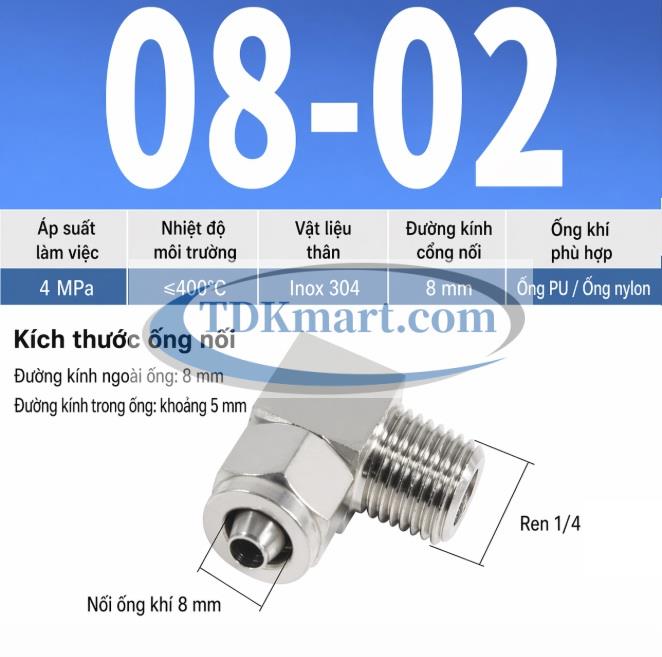 Co nối khí nén Inox 304 siết ống 8 mm ren ngoài 1/4