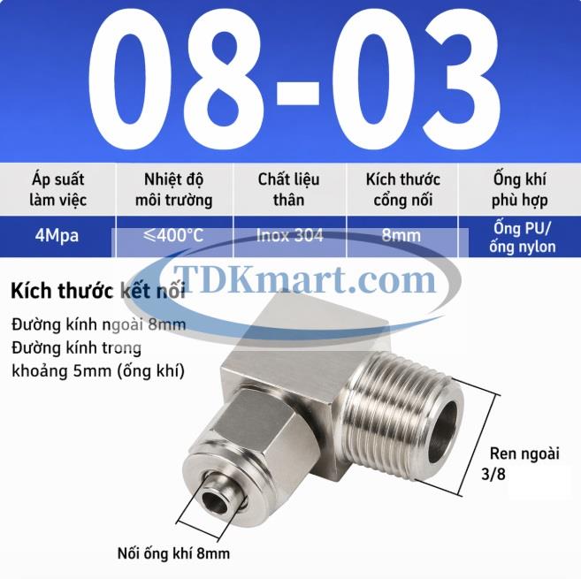 Co nối khí nén Inox 304 siết ống 8 mm ren ngoài 3/8