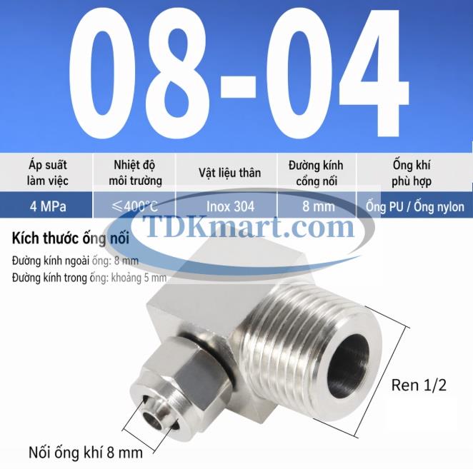Co nối khí nén Inox 304 siết ống 8 mm ren ngoài 1/2