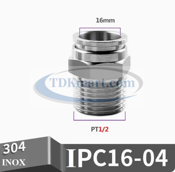 Đầu nối nhanh Inox thẳng ống 16 - Ren ngoài 1/2 =21mm