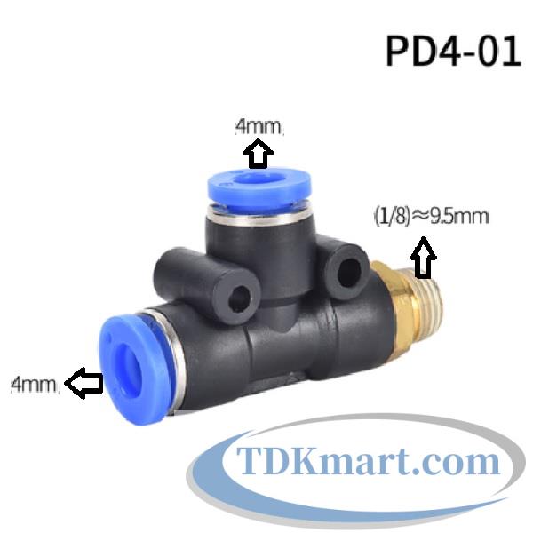 Cut nối chữ T hai đầu nối ống 4 mm- 1 đầu ren ngoài bên hông 9.6mm = 1/8′