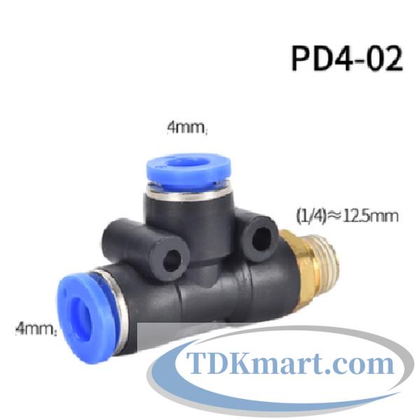 Cut nối chữ T hai đầu nối ống 4 mm- 1 đầu ren ngoài bên hông 12.7mm = 1/4′