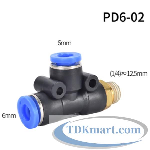 Cut nối chữ T hai đầu nối ống 6 mm 1 đầu ren ngoài bên hông 12.7mm = 1/4′