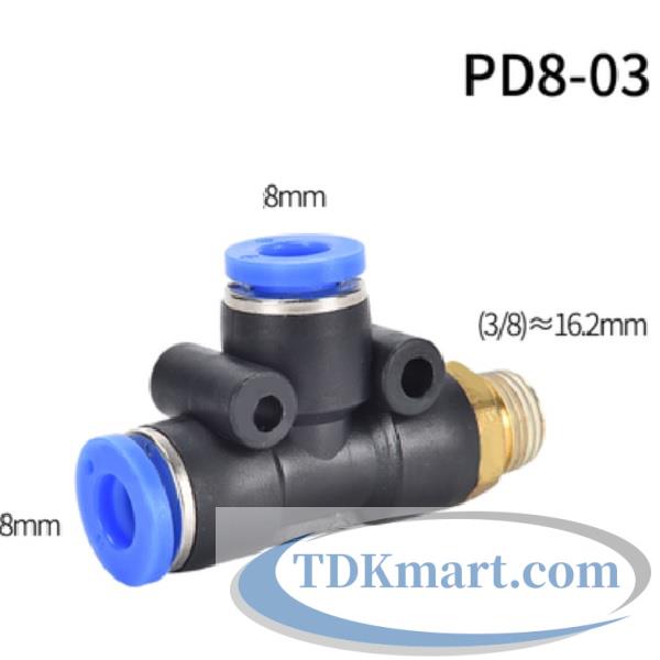 Cut nối chữ T hai đầu nối ống 8 mm- 1 đầu ren ngoài bên hông1 6 mm = 3/8′