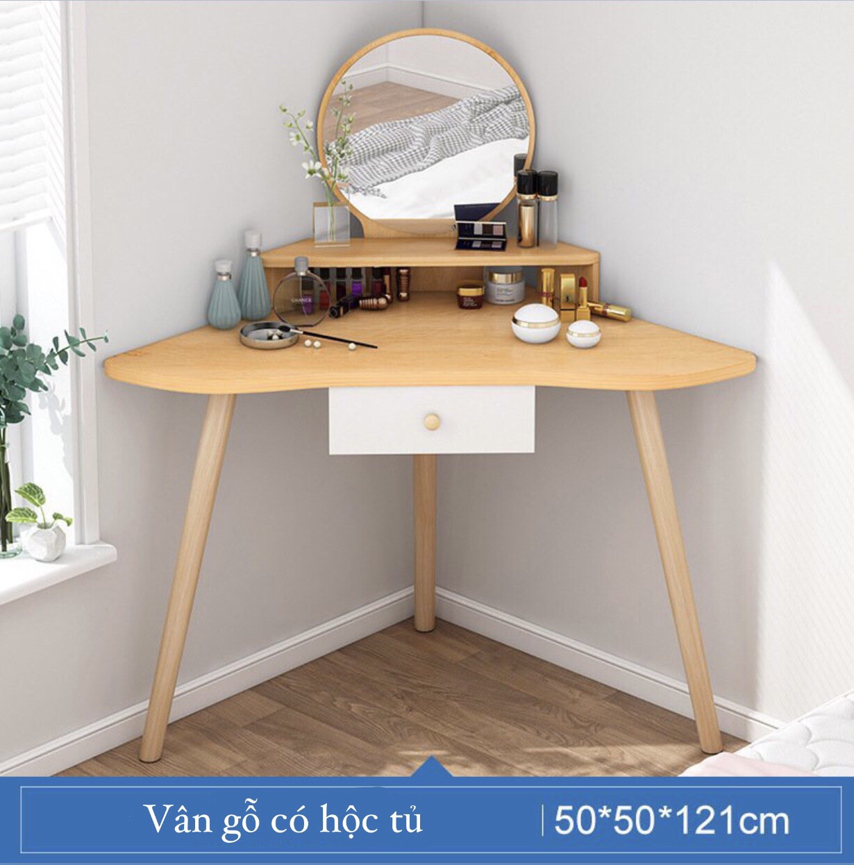 Bàn trang điểm góc tường mặt gỗ MDF chống ẩm phong cách Bắc Âu, tiết kiệm không gian tuyệt đối