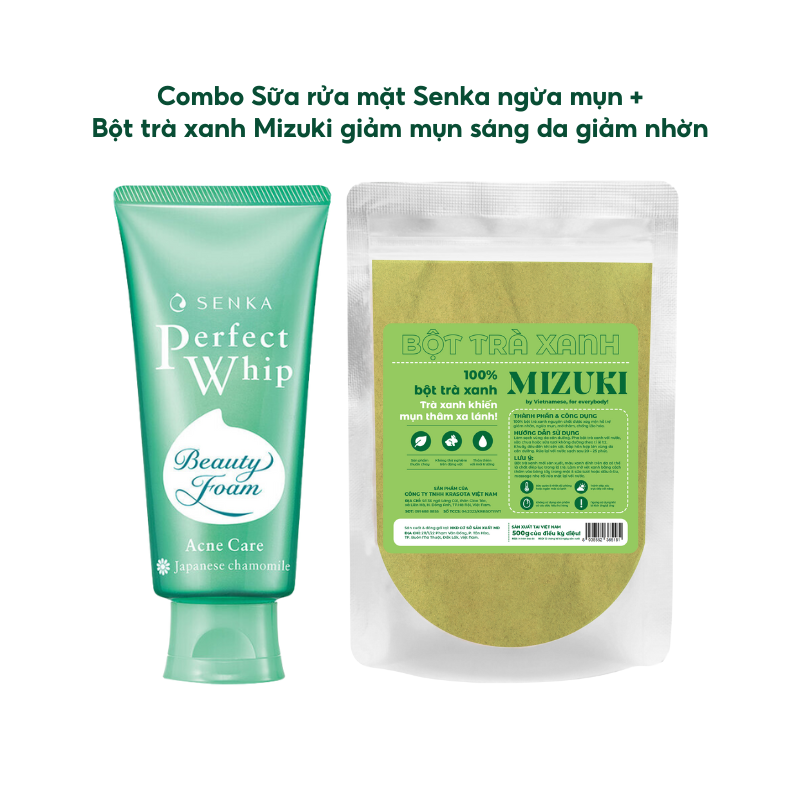 Combo Sữa rửa mặt Senka ngừa mụn (xanh lá) & Bột trà xanh nguyên chất Mizuki giảm mụn sáng da giảm nhờn