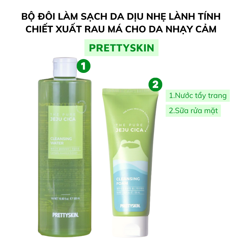 Bộ Đôi Làm Sạch Da Dịu Nhẹ Lành Tính Chiết Xuất Rau Má PRETTYSKIN Dành Cho Da Nhạy Cảm - Nước Tẩy Trang + Sữa Rửa Mặt