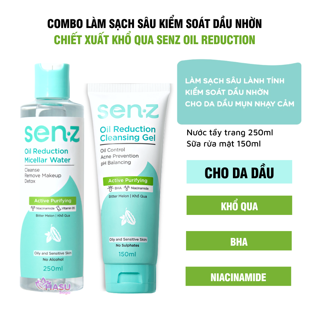 Combo Làm Sạch Sâu Kiểm Soát Dầu Nhờn Cho Da Dầu - Nước Tẩy Trang 250ml + Sữa Rửa Mặt Khổ Qua 150ml SenZ Oil Reduction