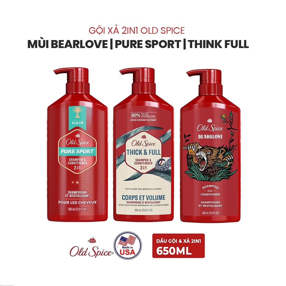 Dầu Gội Xả 2in1 Old Spice Thick & Full - Cho Mái Tóc Trông Dày Hơn 80% (650ml)