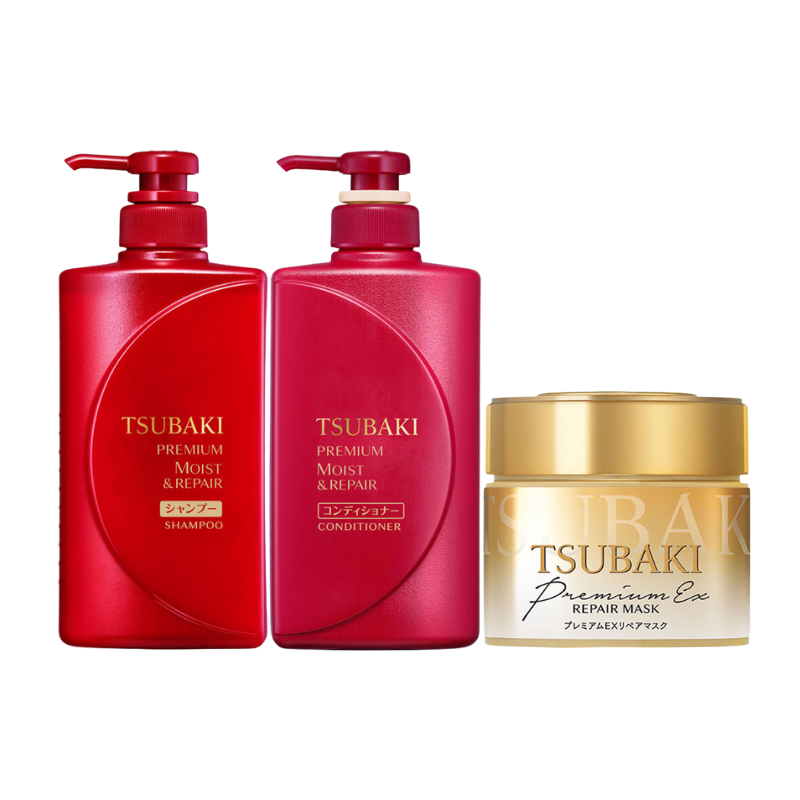 Bộ Ba Gội Xả Tsubaki Premium Moist 490ml (Đỏ) & Mặt Nạ Tóc Phục Hồi Hư Tổn Tsubaki 180g