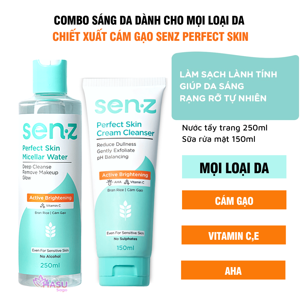 Combo Sáng Da Dành Cho Mọi Loại Da - Nước Tẩy Trang 250ml + Sữa Rửa Mặt Cám Gạo 150ml SenZ Perfect Skin