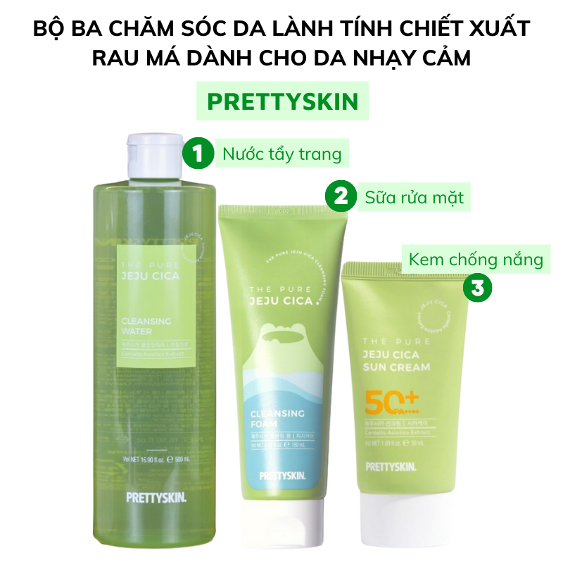 Bộ Ba Chăm Sóc Da Lành Tính Chiết Xuất Rau Má PRETTYSKIN Cho Da Nhạy Cảm - Nước Tẩy Trang + Sữa Rửa Mặt + Kem Chống Nắng