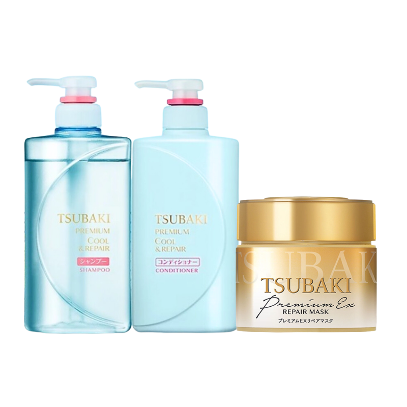 Bộ Ba Gội Xả Tsubaki Premium Cool Set 490ml (Xanh) & Mặt Nạ Tóc Phục Hồi Hư Tổn Tsubaki 180g