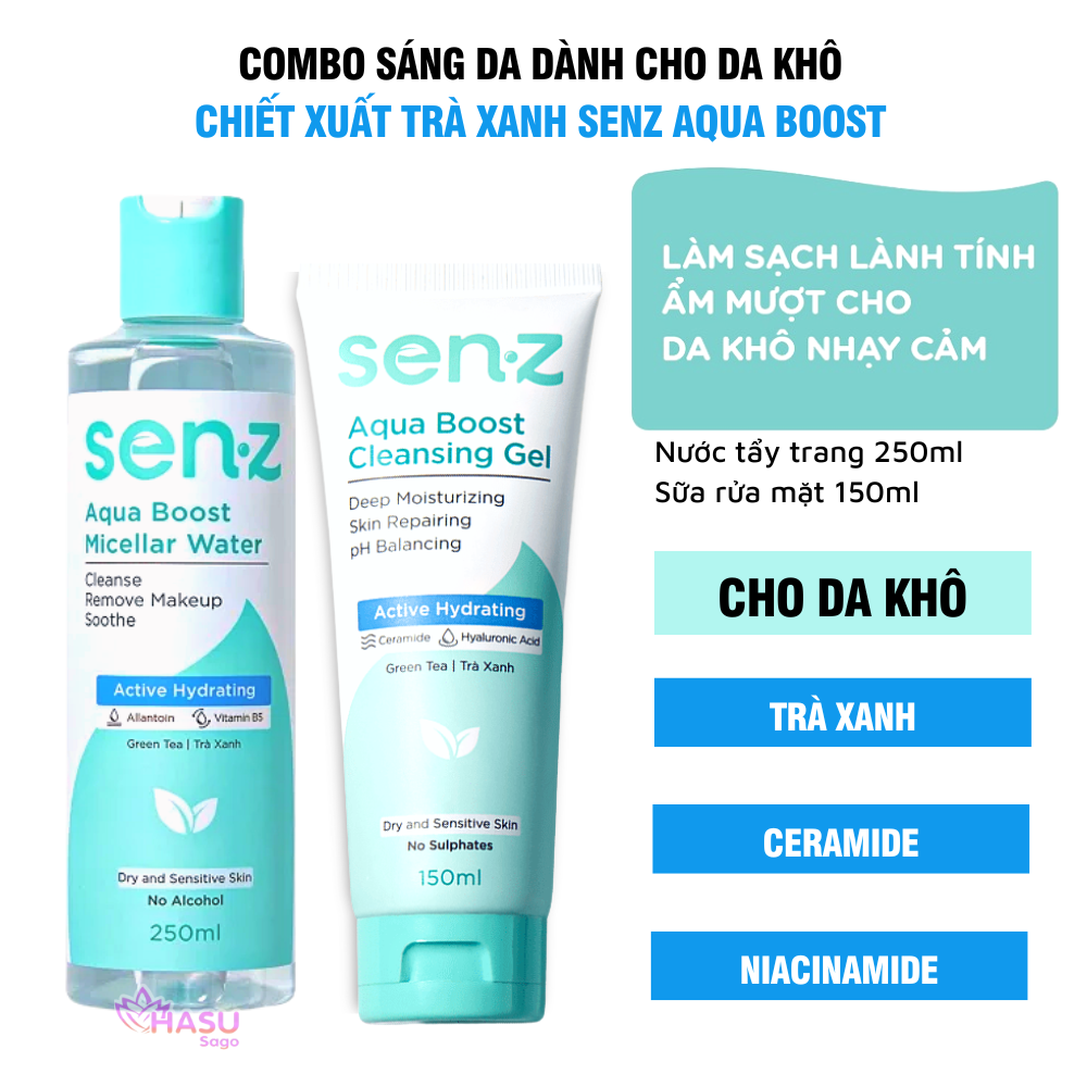 Combo Làm Sạch Dưỡng Ẩm Sâu Cho Da Khô - Nước Tẩy Trang 250ml + Sữa Rửa Mặt Trà Xanh 150ml SenZ Aqua Boost