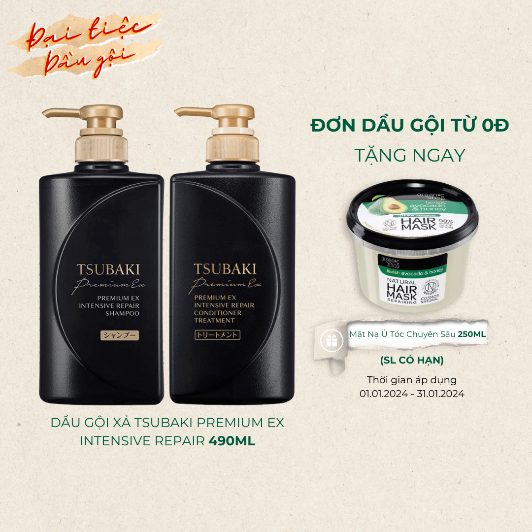 Dầu gội xả Phục hồi hư tổn nặng & giảm gãy rụng - Công nghệ Ion Tsubaki Premium EX Intensive Repair 490ml