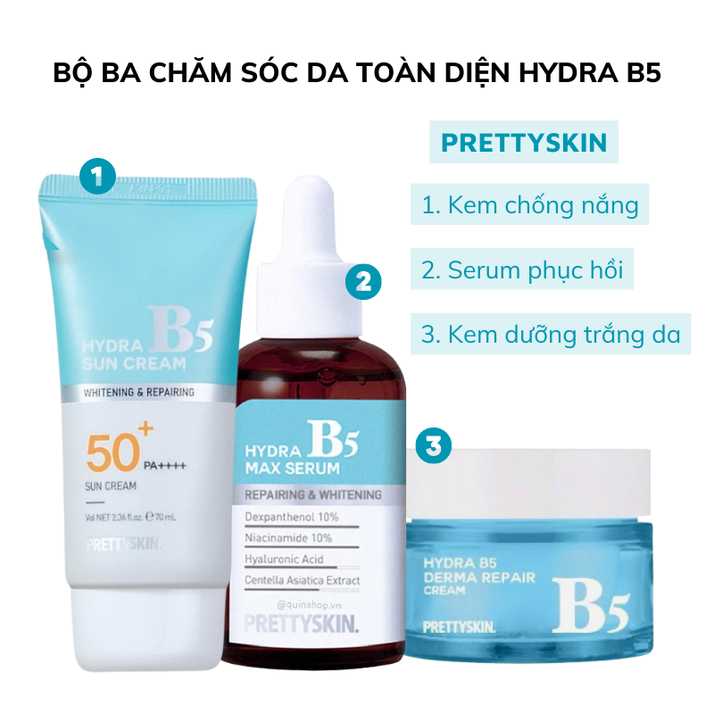 Bộ Ba Chăm Sóc Da Toàn Diện HYDRA B5 PRETTYSKIN - Serum Phục Hồi Giảm Mụn + Kem Dưỡng Ẩm Trắng Da + Kem Chống Nắng