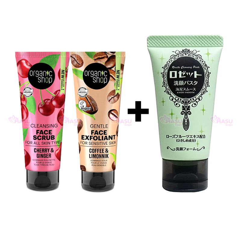 Bộ đôi Tẩy da chết mặt Oganic Shop 75ml + Sữa rửa mặt se khít lỗ chân lông Rosette 120g sáng da mịn màng