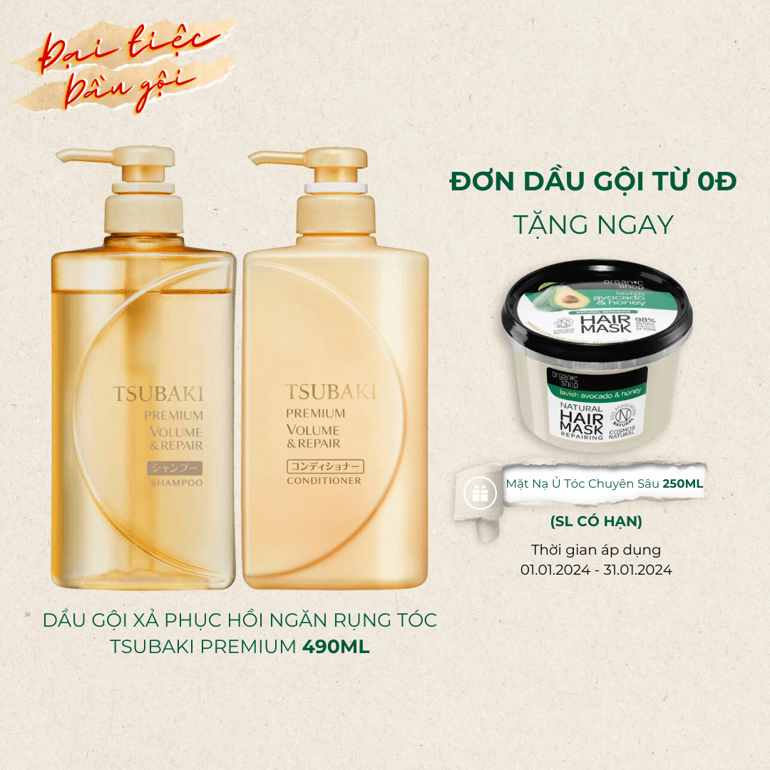 Dầu gội xả Phục hồi ngăn rụng tóc Premium Volume & Repair Tsubaki 490ml