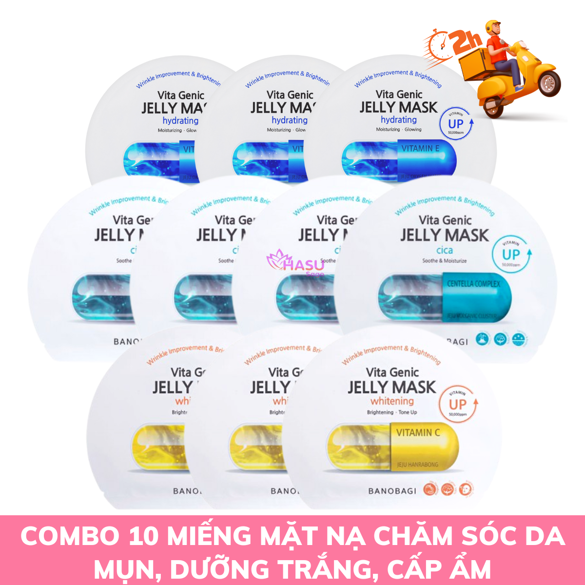 Combo 10 Miếng Mặt Nạ Viên Thuốc Banobagi Chăm Sóc Da Mụn, Dưỡng Trắng, Cấp Ẩm (4 Centella Complex, 3 Vitamin C, 3 Vitamin E)
