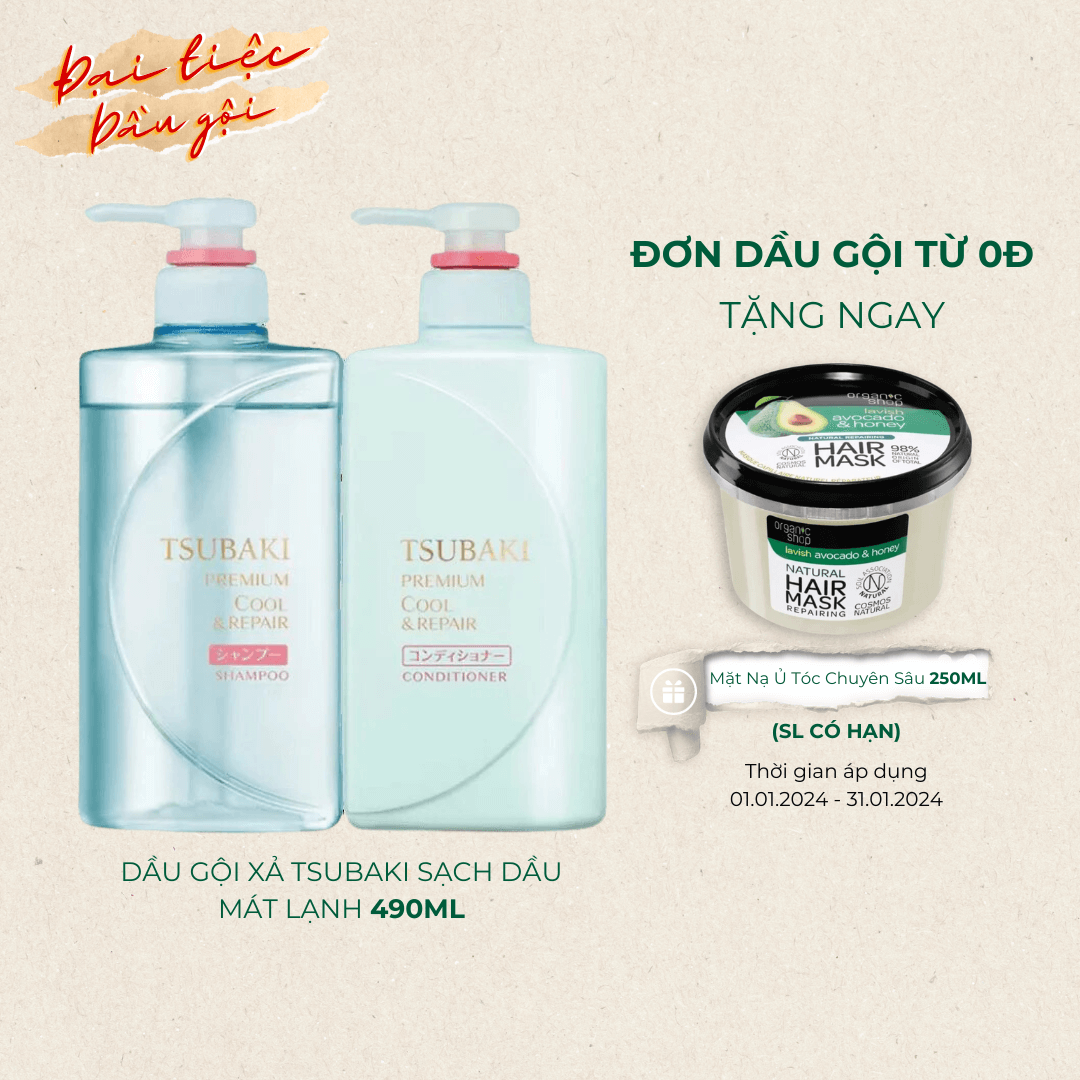 Bộ Đôi Dầu Gội Xả Sạch Dầu Mát Lạnh Phục Hồi Tsubaki Premium Cool 490ml