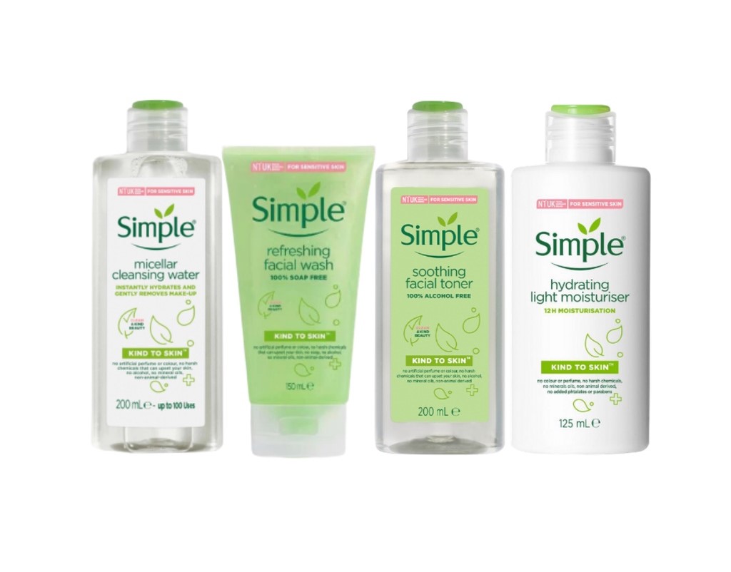 Combo Chăm Da Cơ Bản SIMPLE Nước Tẩy Trang 200ml + Sữa Rửa Mặt 150ml + Toner 200ml + Sữa dưỡng 125ml