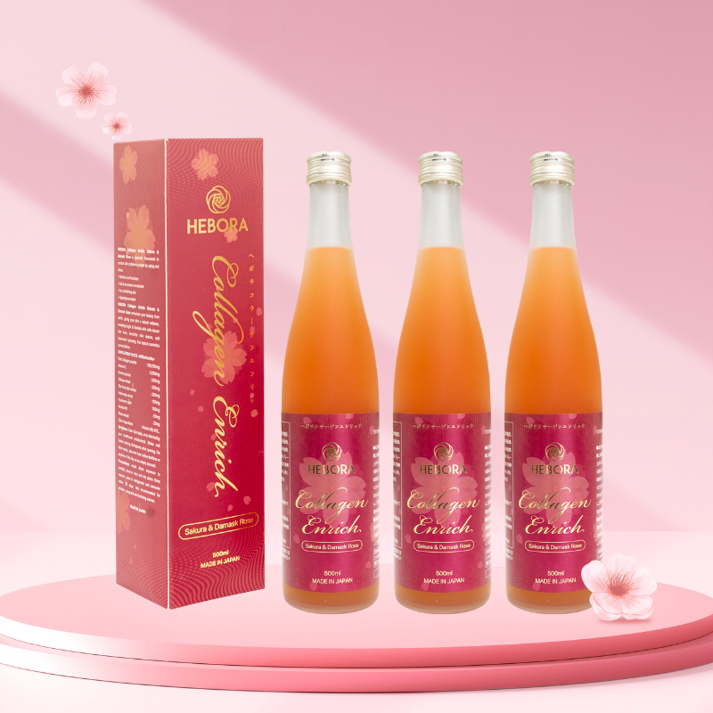 Combo 3 Chai Nước Uống Hebora Collagen Enrich Damask Rose Water Nhật Bản 500ml