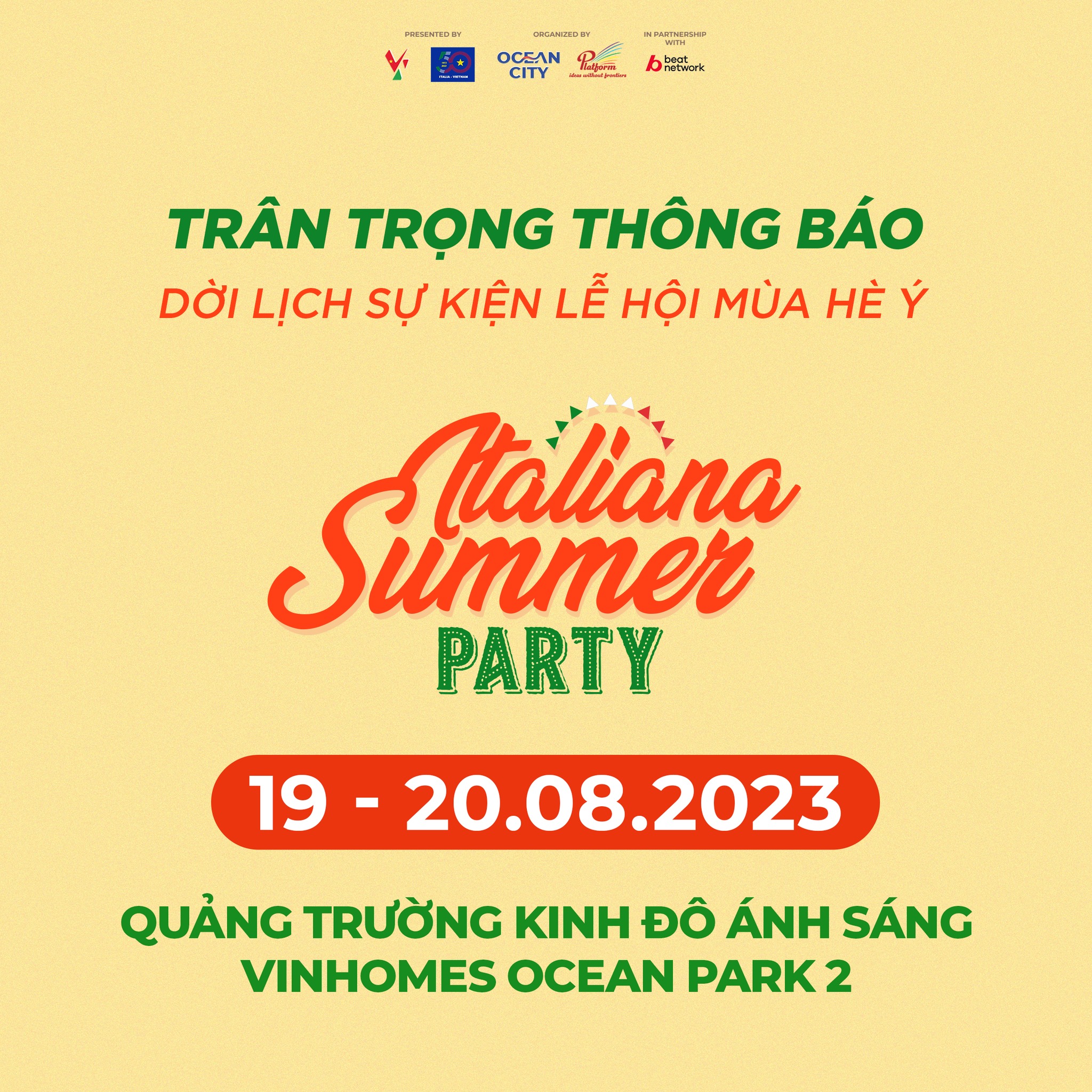 Dời lịch tổ chức Lễ hội Mùa Hè Ý - ITALIANA SUMMER PARTY 2023