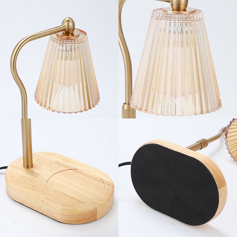 Đèn đốt nến đế gỗ bầu chụp nón thủy tinh sọc/caro-BL