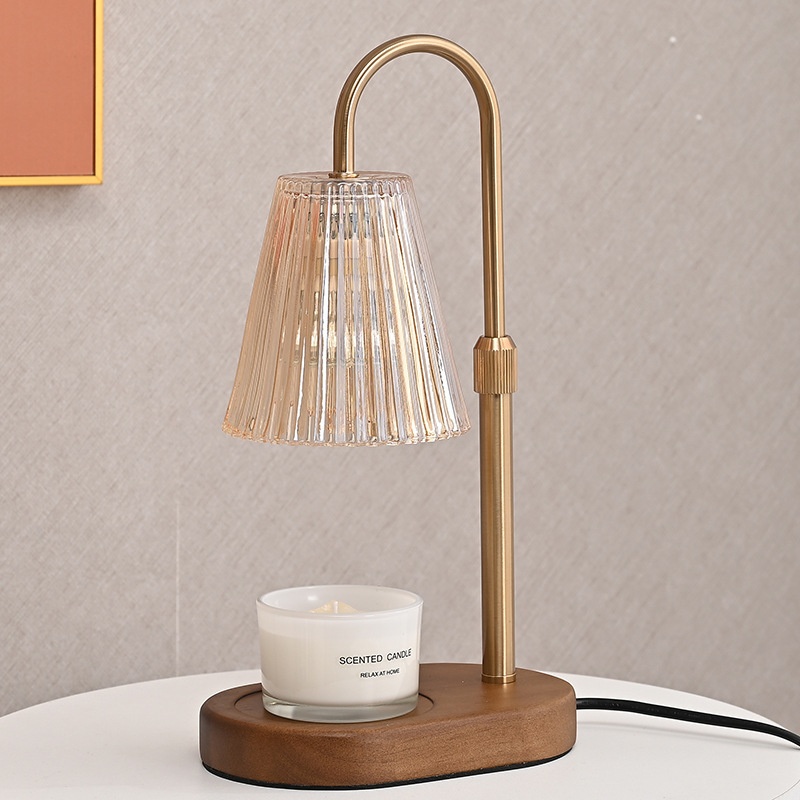 Đèn đốt nến đế gỗ bầu chụp nón thủy tinh sọc/caro-BL