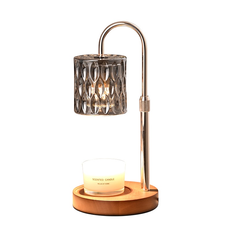Đèn đốt nến đế gỗ tròn chụp trụ thủy tinh tổ ong-BL
