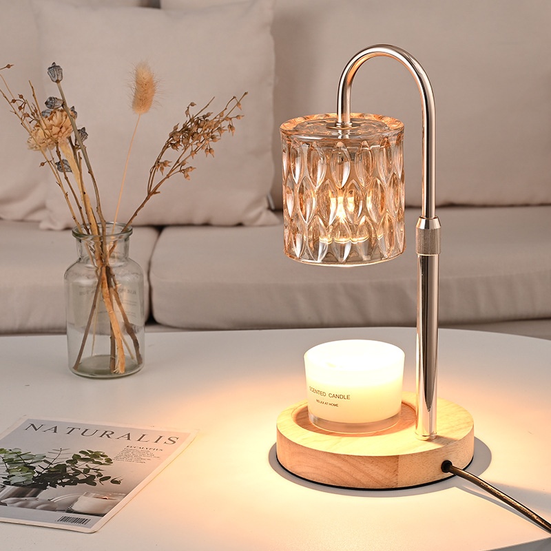 Đèn đốt nến đế gỗ tròn chụp trụ thủy tinh tổ ong-BL