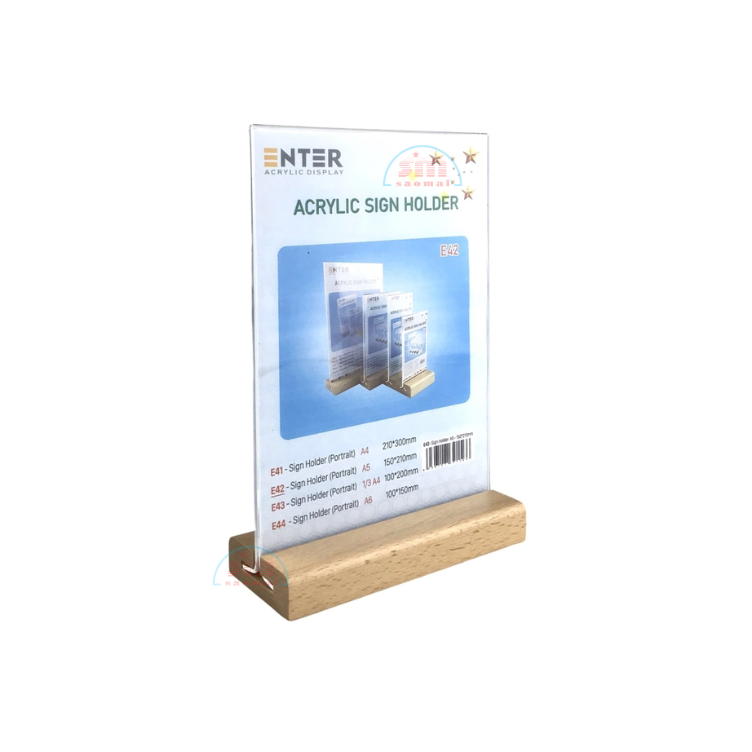 Kệ mica 2 mặt A5 E42 đế gỗ đứng-SM