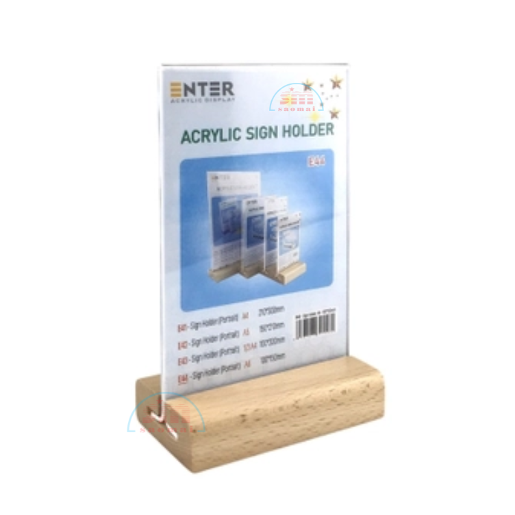 Kệ mica 2 mặt A6 E44 đế gỗ đứng-SM