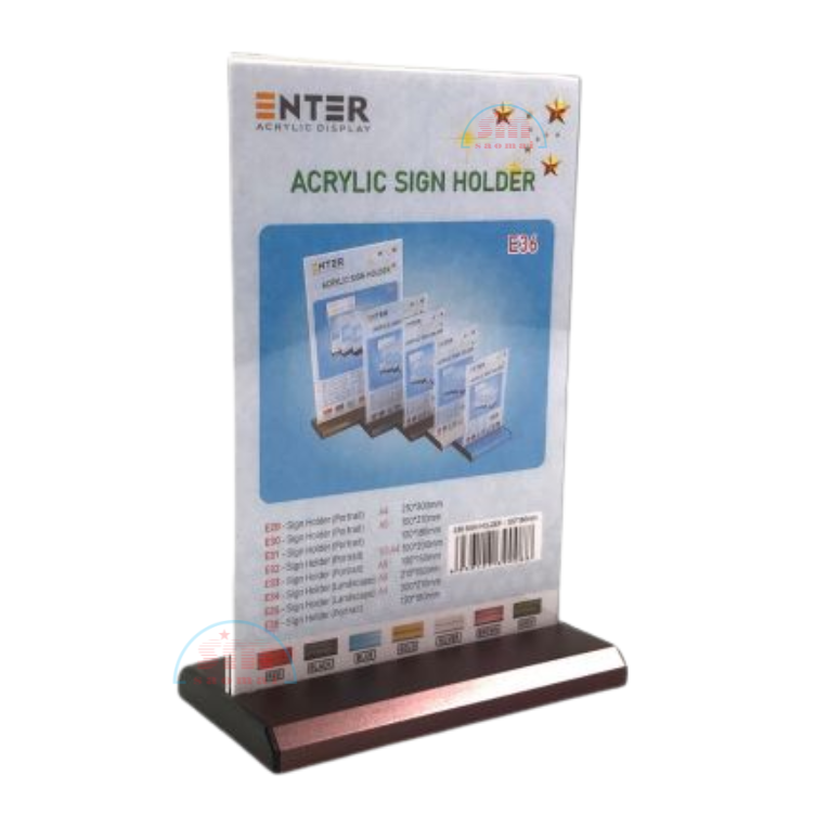 Kệ mica 2 mặt đứng E36 đế nhôm (12x18cm)-SM