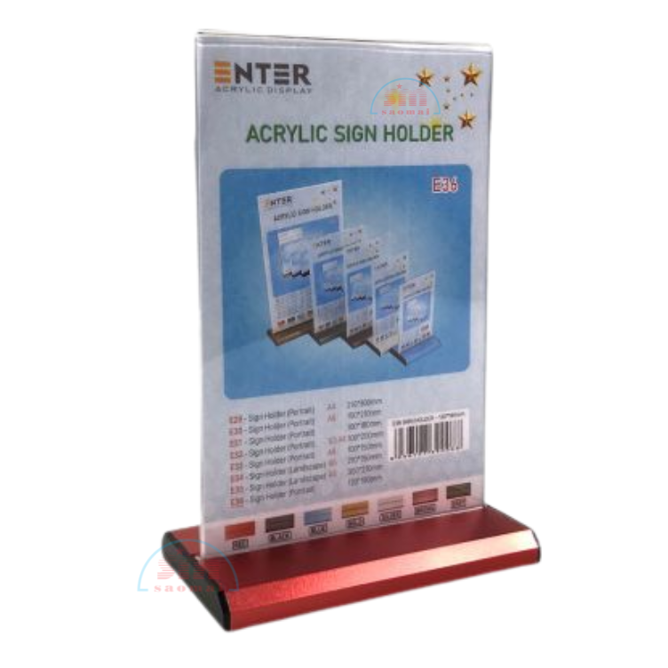 Kệ mica 2 mặt đứng E36 đế nhôm (12x18cm)-SM