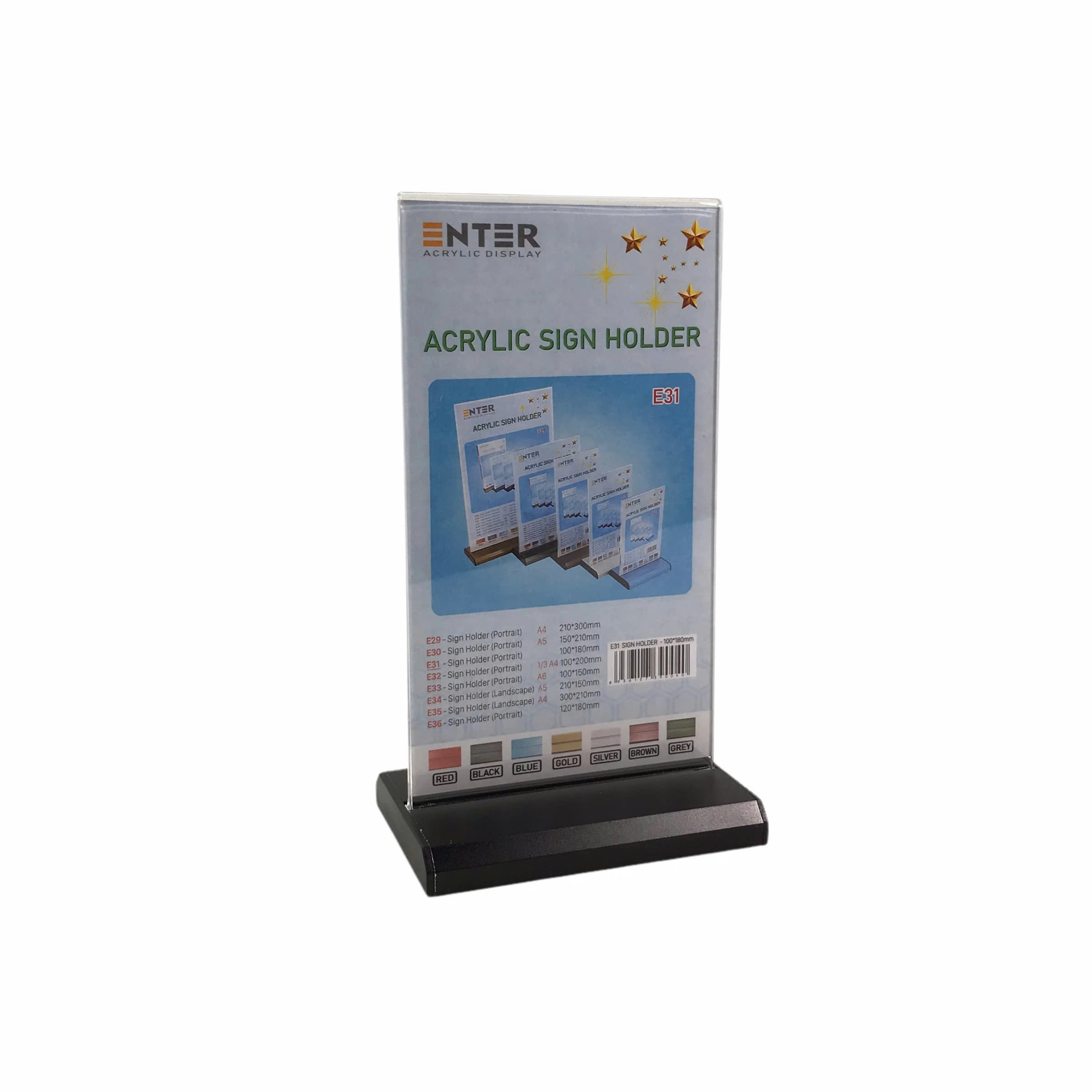 Kệ mica 2 mặt đứng E31 đế nhôm (10x18cm)-SM