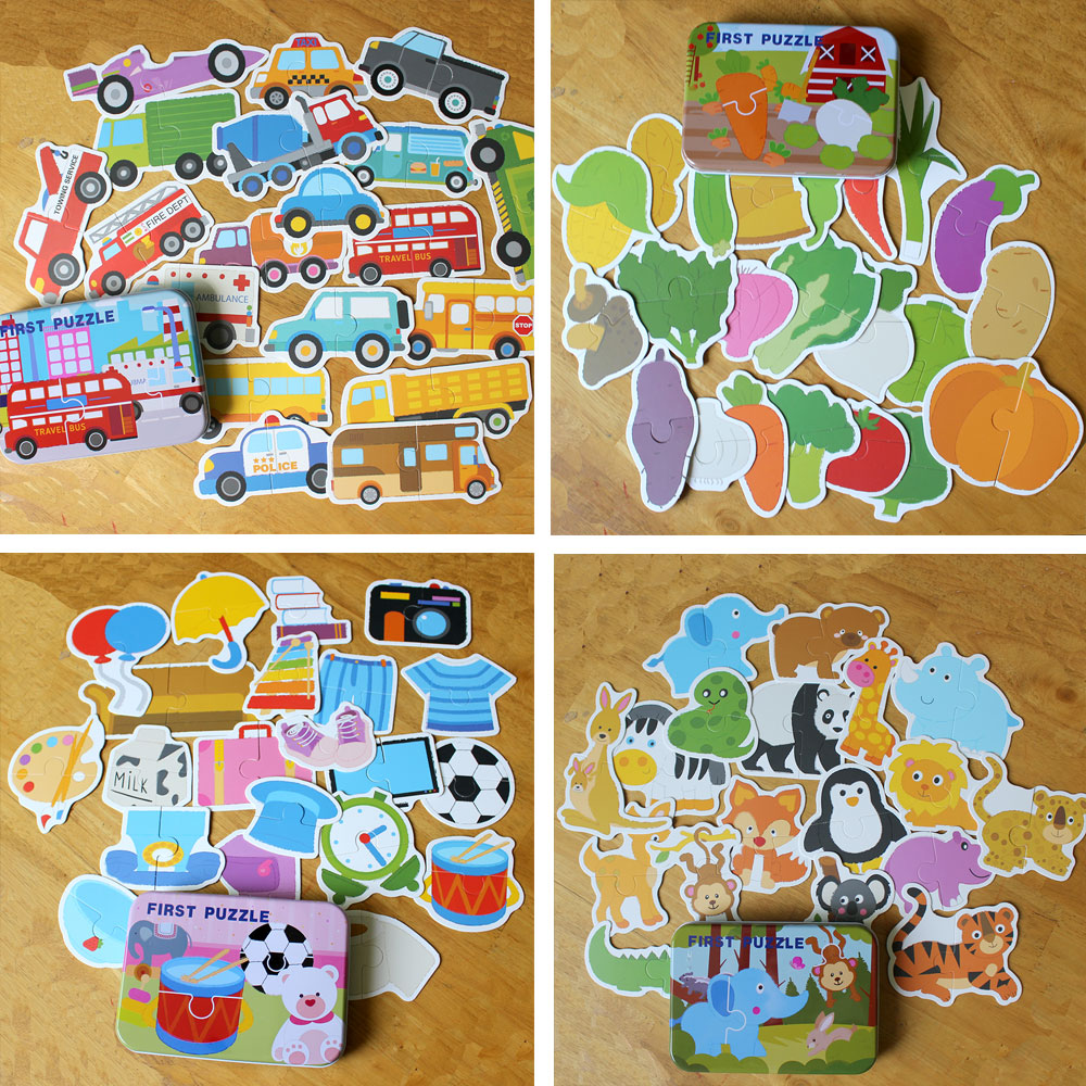 Combo 04 Hộp Tranh Ghép First Puzzle Cho bé từ 2 tuổi trở lên Chủ Đề Đồ Vật Xe Cộ Động Vật và Hoa Quả