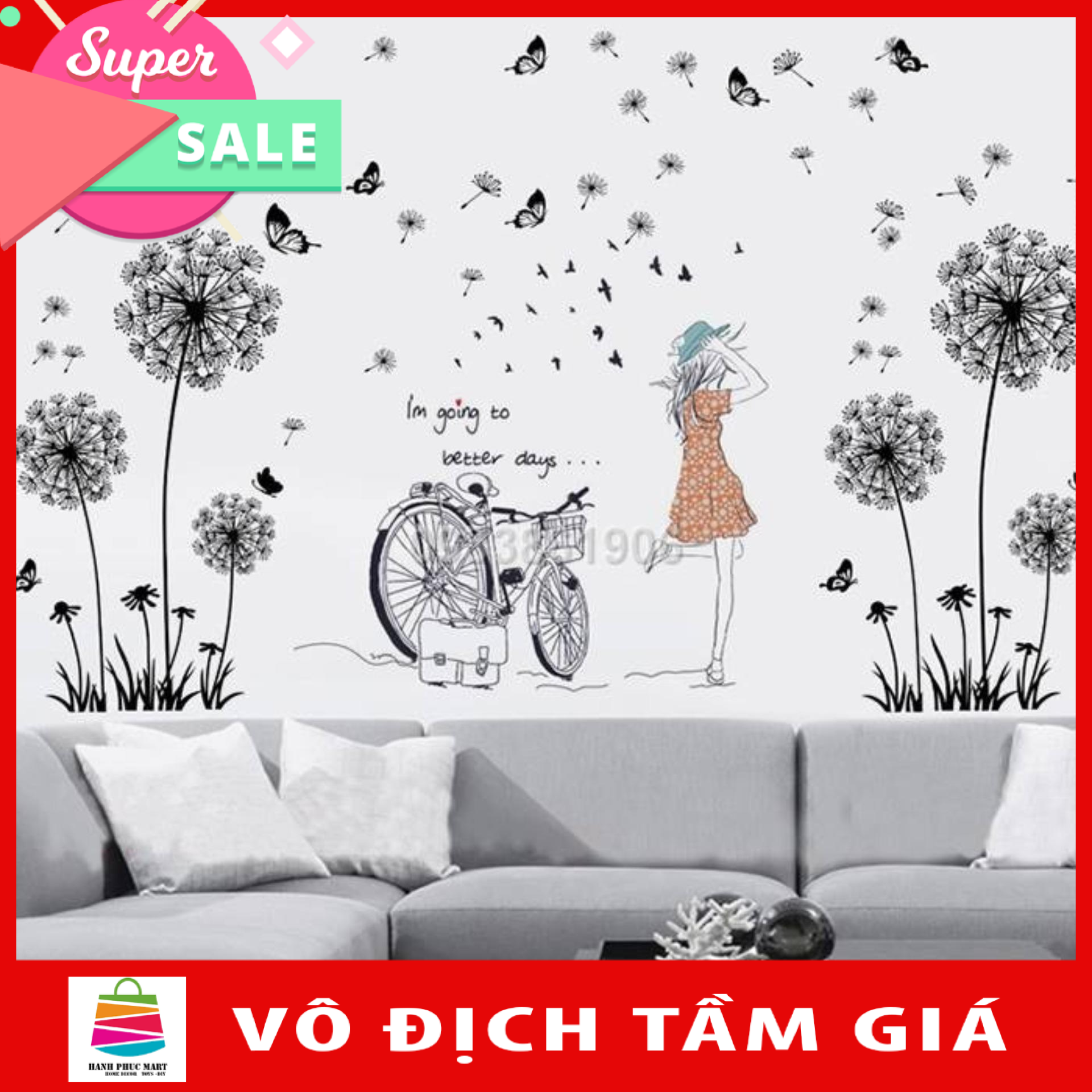 (Size Lớn ) Decal dán tường CÔ GÁI VÀ BỒ CÔNG ANH-flowerdecal