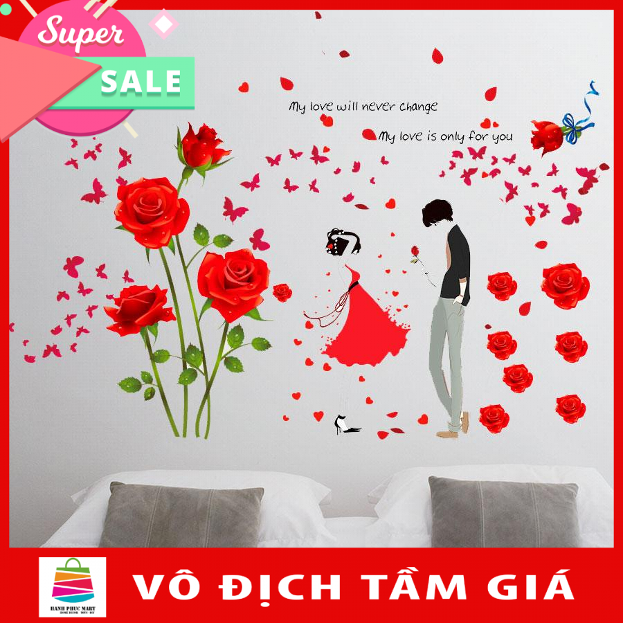 [ Size Lớn ] Decal dán tường kết hợp Hoa Hồng và em SK9195a+xl7211